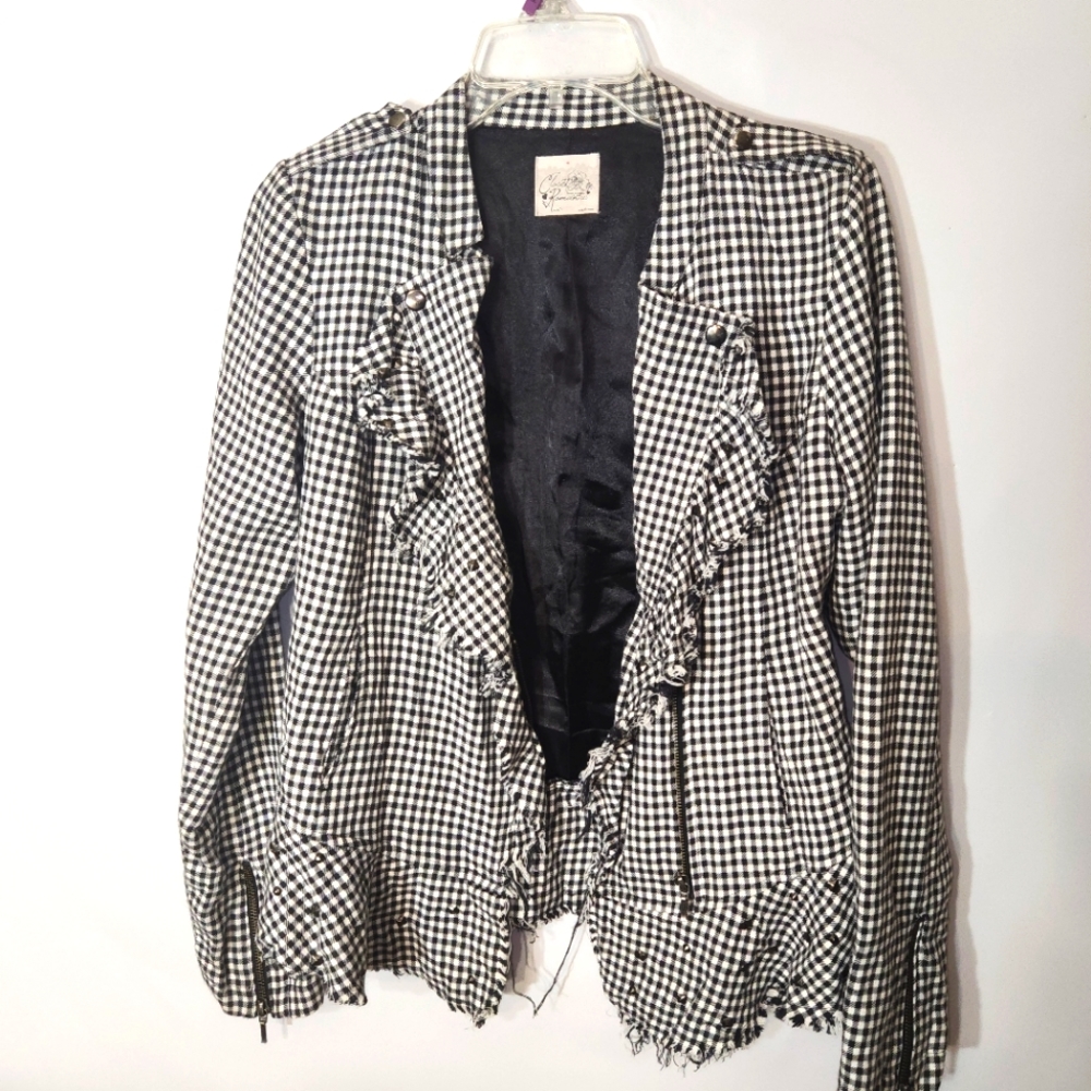 Closet Romantic black white buffalo plaid studded distressed lined blazer coat M